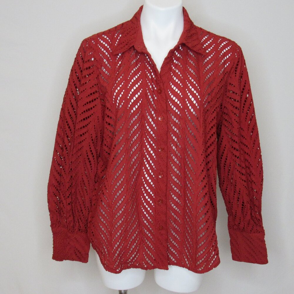 Chico's Rust Red Poplin Cutwork Long Sleeve Blouse Women's 3 = 16 XL Xlarge